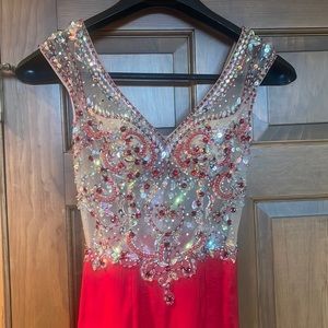 XS Beautiful, nude & red prom gown sequin mermaid